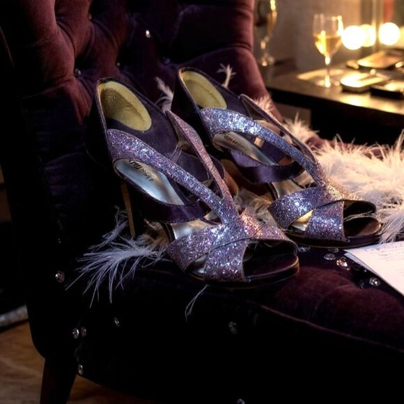 Fioni Night Womens Purple Glitter Evening Heels Size 7.5 Satin & Glitter Open-To - Picture 1 of 9